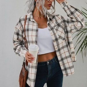 Cream plaid oversized button up shacket jacket